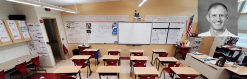 Wide banner illustration of a classroom with a portrait of Aaron Podolner, representing his work in La Grange, Illinois