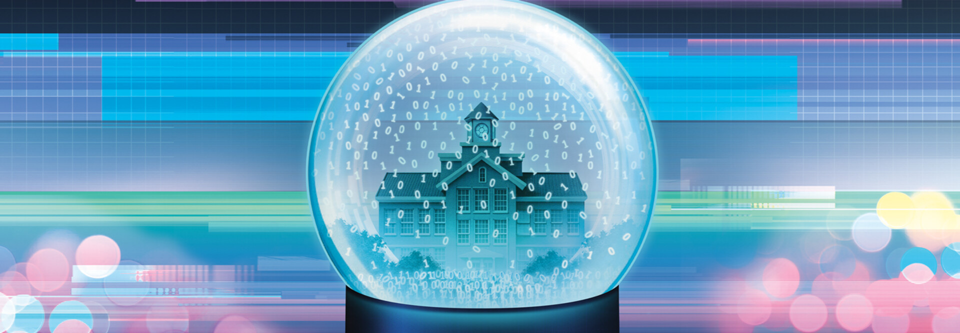 Illustration of a school building inside a glass snow globe surrounded by floating binary code